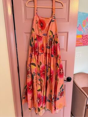 FARM Rio Peach Floral Maxi Dress with Pink and Green Accents